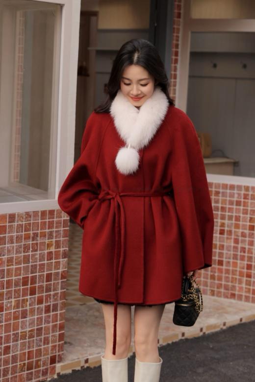 【门店同款】ENJOY冬季“午马”狐狸毛领系带收腰大衣 169443501 商品图2