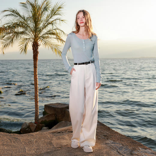 【莱赛尔】三彩2026春季新款休闲裤长裤宽松高腰直筒裤小白裤M 商品图3