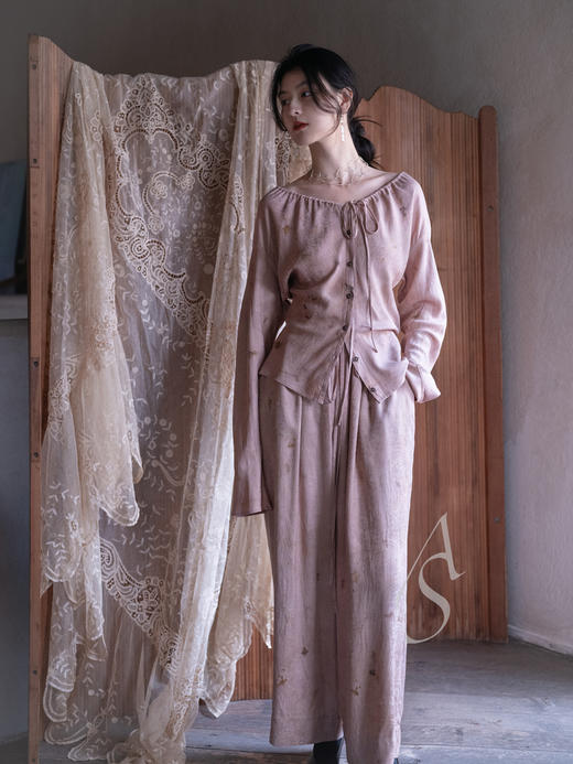 Mutedance 烟粉色真丝提花直筒裤 商品图1