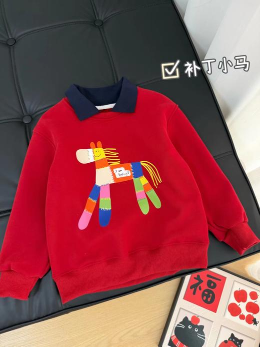 F011370浓浓中国年氛围拿捏住！小马印花内里夹绒软糯保暖儿童红色卫衣 商品图13