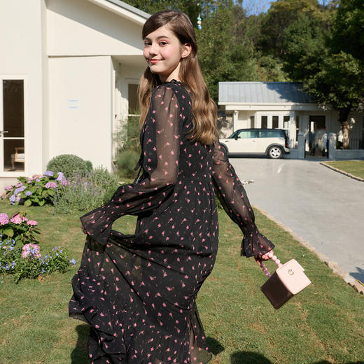 三彩独醒2026春季新款法式碎花雪纺连衣裙V领木耳边A字裙长裙F 商品图1