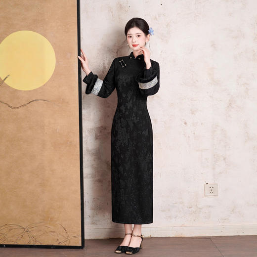 冬款加绒复古民国风旗袍，厚款气质淑女黑色新中式BJS7225 商品图0