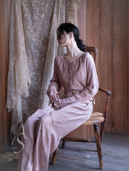 Mutedance 烟粉色真丝提花直筒裤 商品图2