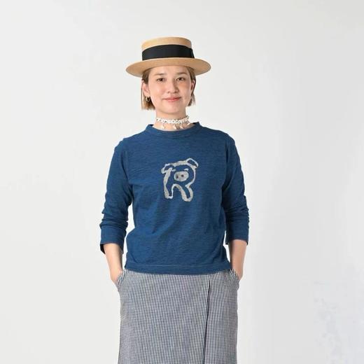 F011344竹节棉蓝染可爱小猪印花长袖T恤男女同款 商品图1