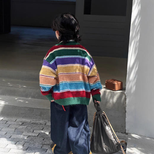 【亲肤柔软面料❗️时尚高级百搭】25秋季韩版男女童复古装饰彩虹条纹针织开衫慵懒风毛衣毛绒感外套。jc 商品图1