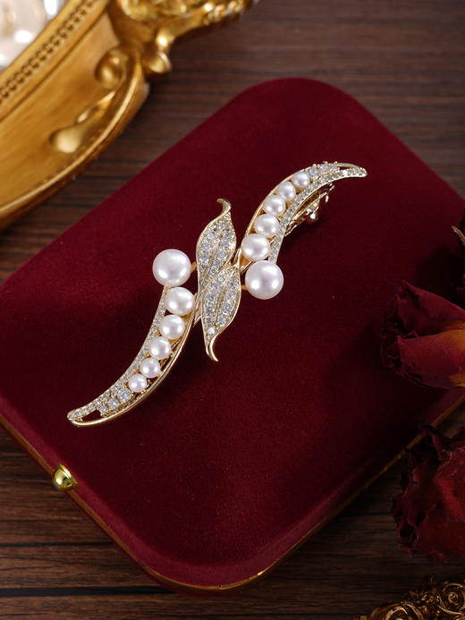 子佩集【豆蔻芳华】珍珠惜王妃发夹【HBFJ037】7mm大珠镀金双叶豆荚2601 商品图3