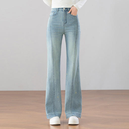 「自」全新升级【铂金会员183/天猫249/差价66】(14103)洛诗琳繁星烫钻牛仔裤2026春季新款高腰显瘦百搭微喇长裤 商品图1