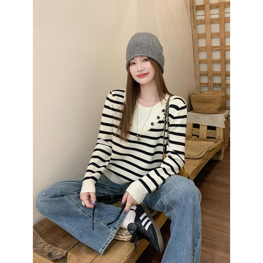 <曾小咸推荐>现货秒杀 ！微信超特价！韩系假两件条纹针织衫 日常159.99 立减80 秒杀79.99！！ 商品图1