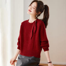 温柔慵懒风红色圆领蝴蝶结宽松毛衣CC3369