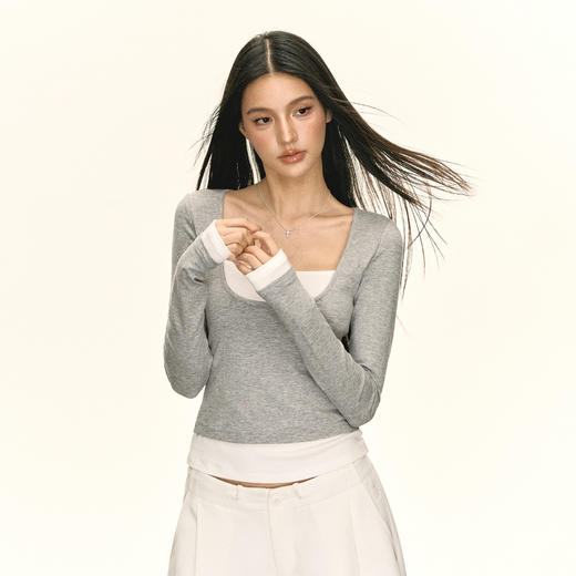 Ariseism 美式复古高级感假两件长袖女春季新款修身打底上衣 商品图2