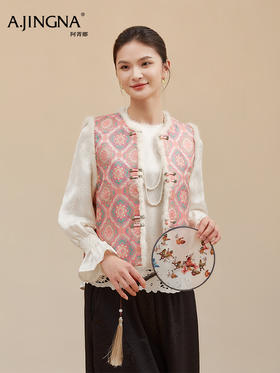【国风马甲】阿菁娜冬季新款新年国风战袍提花毛边马甲盘扣设计团花寓意吉祥轻奢氛围外套F30D203017