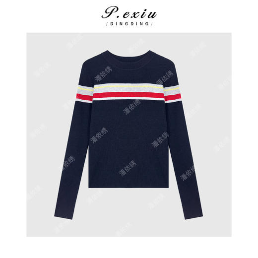 羊毛撞色条纹修身显瘦圆领长袖针织上衣 D440 商品图1