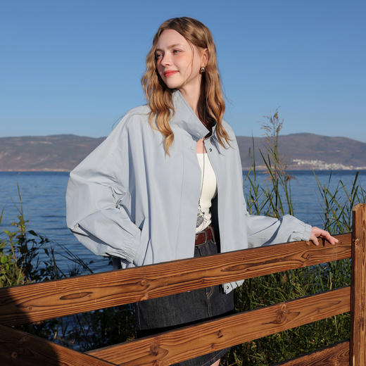 三彩2026春季新款格纹拼接立领长袖外套夹克拉链开衫宽松休闲M 商品图2