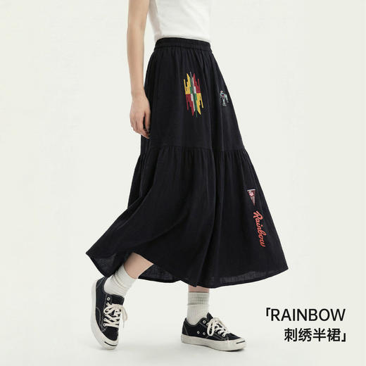 马登黑色复古松紧腰刺绣花A字过膝大裙摆半身长裙拼接裙子女士春 商品图0