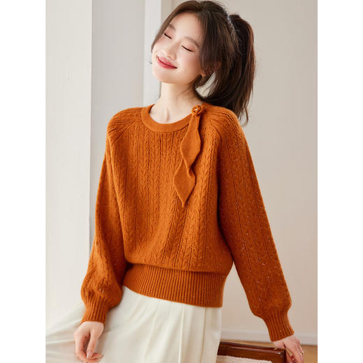 温柔慵懒风红色圆领蝴蝶结宽松毛衣CC3369 商品图1