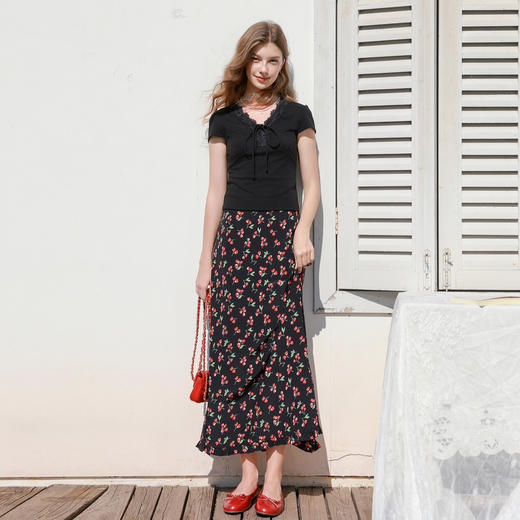 三彩2026春季新款樱桃半身裙高腰直筒裙木耳边长裙优雅M 商品图1