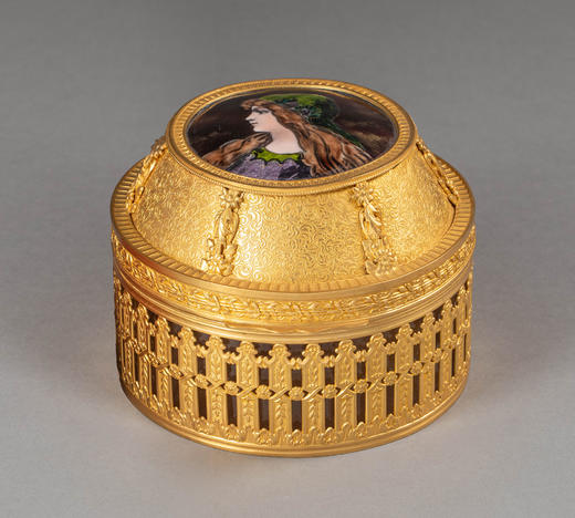 独角鹿西洋古董20世纪法国出品花卉卷叶纹铜鎏金精雕镶嵌少女侧容主题手绘细密画珍宝盒 商品图3