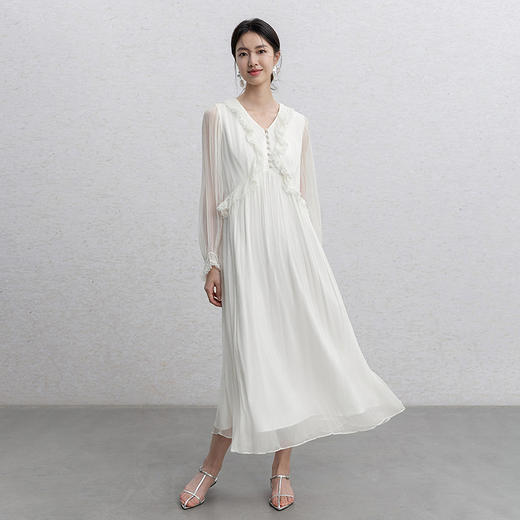 【林栖设计小店】蕾丝花边桑蚕丝牙签褶高腰仙气2026春新款真丝连衣裙1961033 商品图2