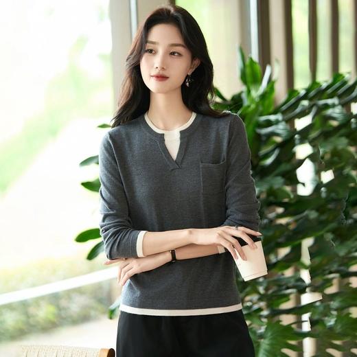 「自」全新升级【铂金会员183/天猫239/差价56】(13256)洛诗琳精纺羊毛撞色针织衫上衣2026春季假两件百搭打底上衣 商品图0