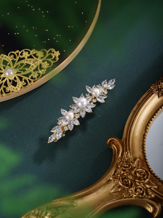 子佩集【冰花皎月】珍珠惜王妃发夹【HBFJ032】6.5-7.5mm珠镀金三朵花2601 商品图2