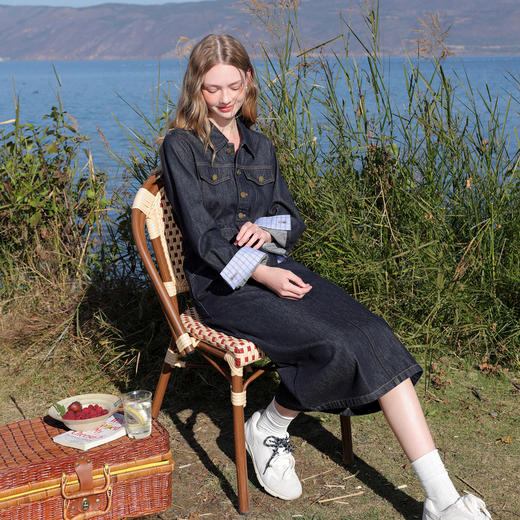 【不易褪色】三彩2026春季新款翻领收腰牛仔裙连衣裙直筒裙纯棉M 商品图3