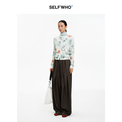 SELFWHO天丝亚麻混纺满印兰花针织开衫女2026春新款圆领正肩毛衣 商品图1