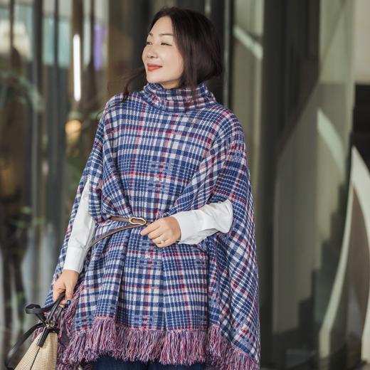 【林栖设计小店】格纹毛织披肩复古气质宽松高领2025秋冬新款流苏斗篷上衣2954006 商品图4