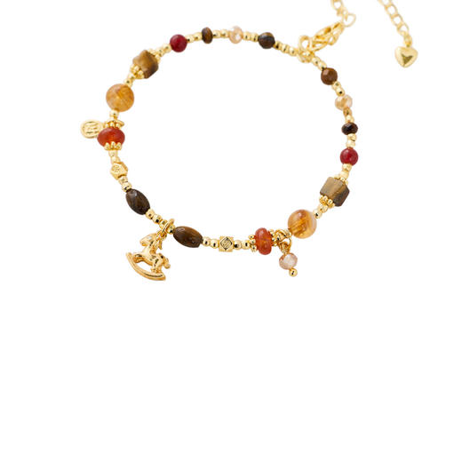 三彩2026新款美拉德色系虎眼石红玛瑙串珠手链木马坠饰新年国潮 商品图2