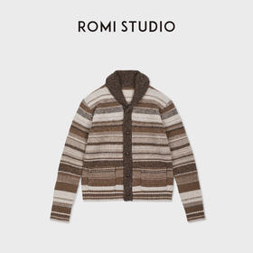 ROMI STUDIO100%UPW高支羊毛复古条纹翻边毛织外套 RWDSS82209