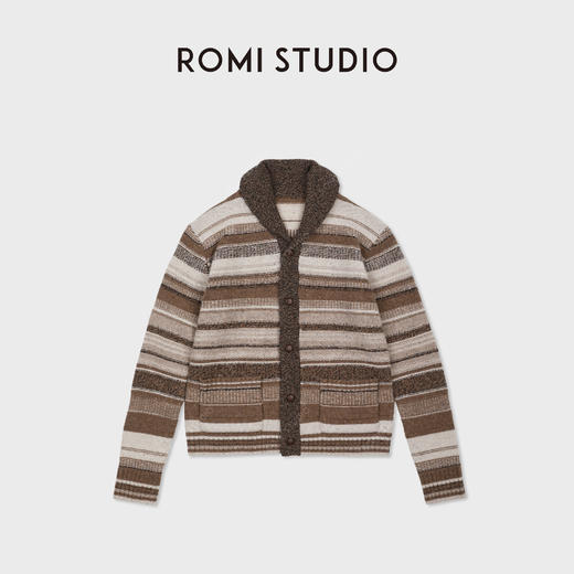 ROMI STUDIO100%UPW高支羊毛复古条纹翻边毛织外套 RWDSS82209 商品图0