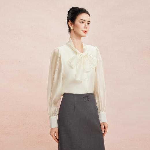 RE254斯尔丽2026春季新款光泽感高级感飘带长袖职业通勤优雅纯色衬衫 商品图10