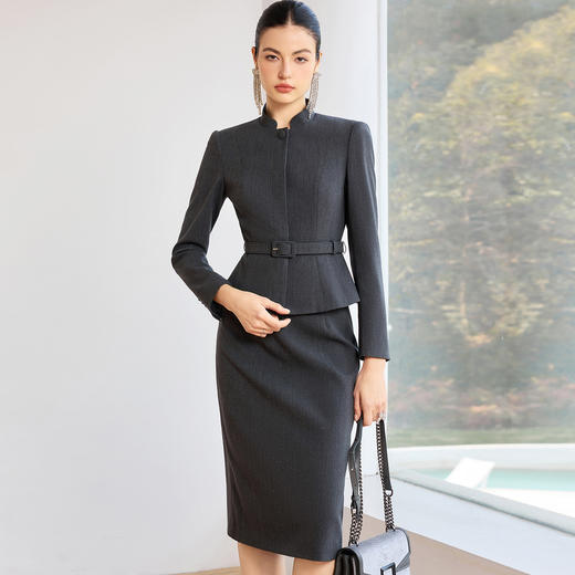 IWY/高级感灰色职场穿搭立领收腰西装套装女修身商务正装职业装J26CS271 商品图0