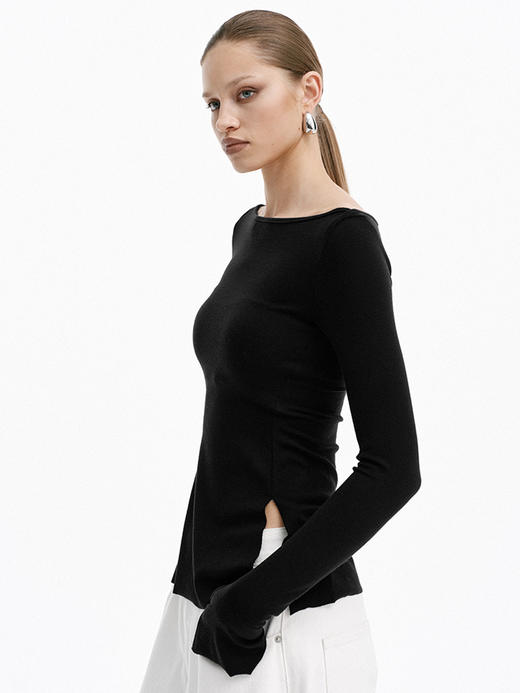 TR她热 绵绵衫 黑色天丝羊毛带胸垫百搭显瘦一字领打底衫上衣 商品图2