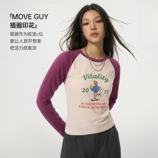 马登美式莱赛尔圆领撞色插肩修身显瘦印花长袖T恤打底衫上衣女春 商品图4