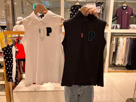 P家夏日女款无袖印花POLO上衣来了！虽迟但到，高品质出口订单剩余！真的是好甜好可爱的设计，不会显肩宽，背后褶皱印花的设计飘逸动感，运动减龄，前面徽章点缀的小设计基础款非常好搭配，随便搭长裤或者短裙! 商品图0