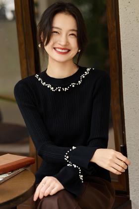 澳洲进口美利奴羊毛混混纺抗起球BC同款重工手工钉珠羊毛衫