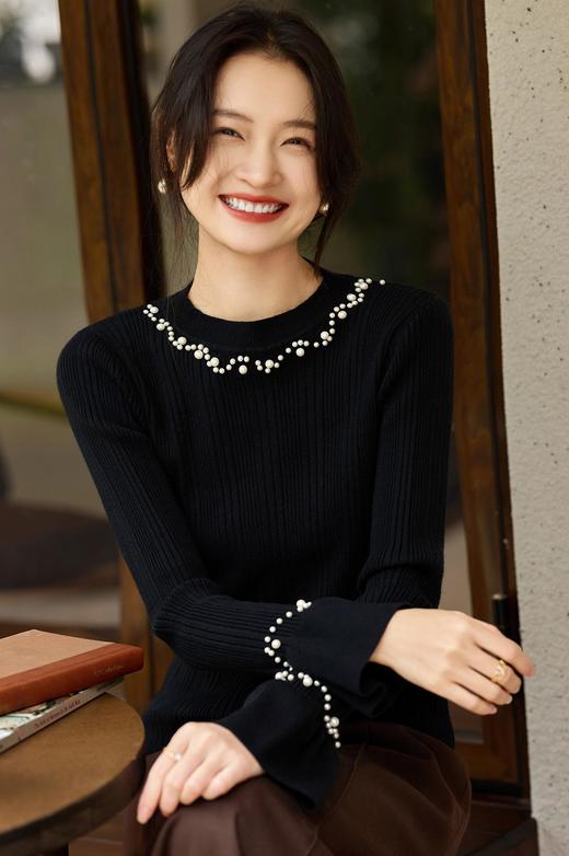 澳洲进口美利奴羊毛混混纺抗起球BC同款重工手工钉珠羊毛衫 商品图0