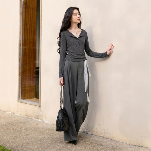 三彩2026春季新款假两件T恤蕾丝拼接长袖上衣修身短款显瘦S 商品图3