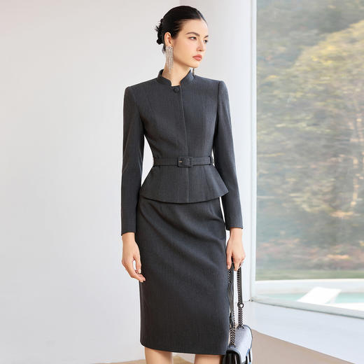 IWY/高级感灰色职场穿搭立领收腰西装套装女修身商务正装职业装J26CS271 商品图2