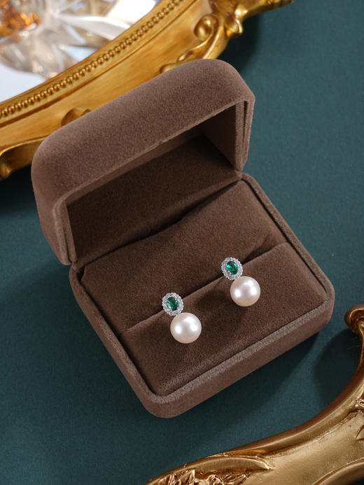 子佩集【花海寄情】银S925珍珠惜王妃耳钉【EM3079-XF】8.5mm珠绿点2601 商品图2
