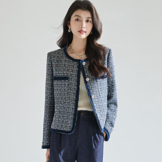 「高货sh」全新升级【铂金会员321/天猫429/差价108】(04816)洛诗琳2026春季气质粗花呢细闪亮片撞色毛须边小香风外套 商品图4