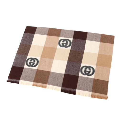 古驰流苏保暖时尚围巾，GG苏格兰格纹羊毛提花围巾 商品图1