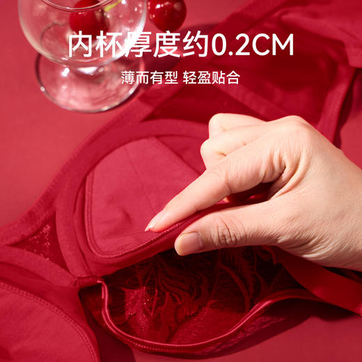 芬腾女士内衣记忆软钢圈红色蕾丝网纱文胸大胸显小上托防下垂胸罩 商品图2