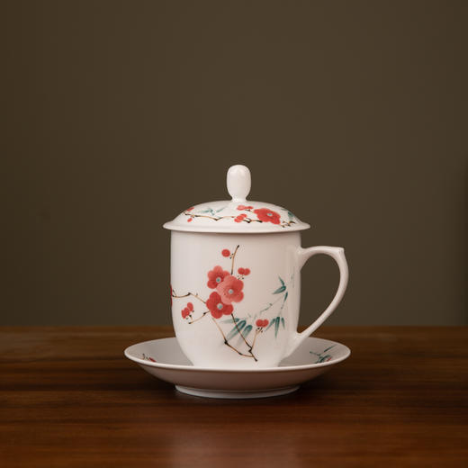 【景德镇陶瓷茶具】 翠竹红梅办公茶杯  一杯一碟  480ml 商品图0