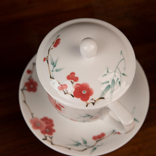 【景德镇陶瓷茶具】 翠竹红梅办公茶杯  一杯一碟  480ml 商品图2