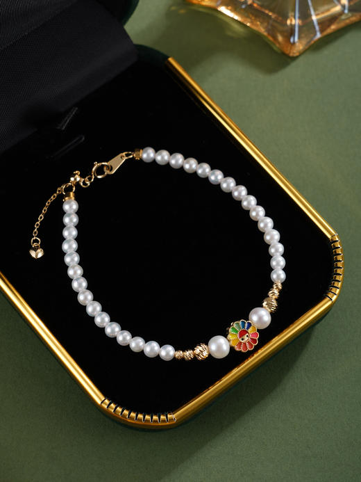 子佩集【彩虹芳菲】银S925珍珠惜王妃手链【MLSL009】3mm珠镀金五彩花2601 商品图4