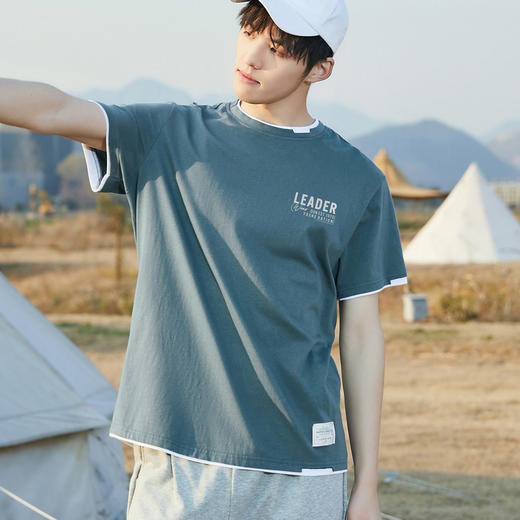 GXG男装【100%棉】夏季假两件设计舒适透气男式休闲百搭短袖T恤K&C 商品图10