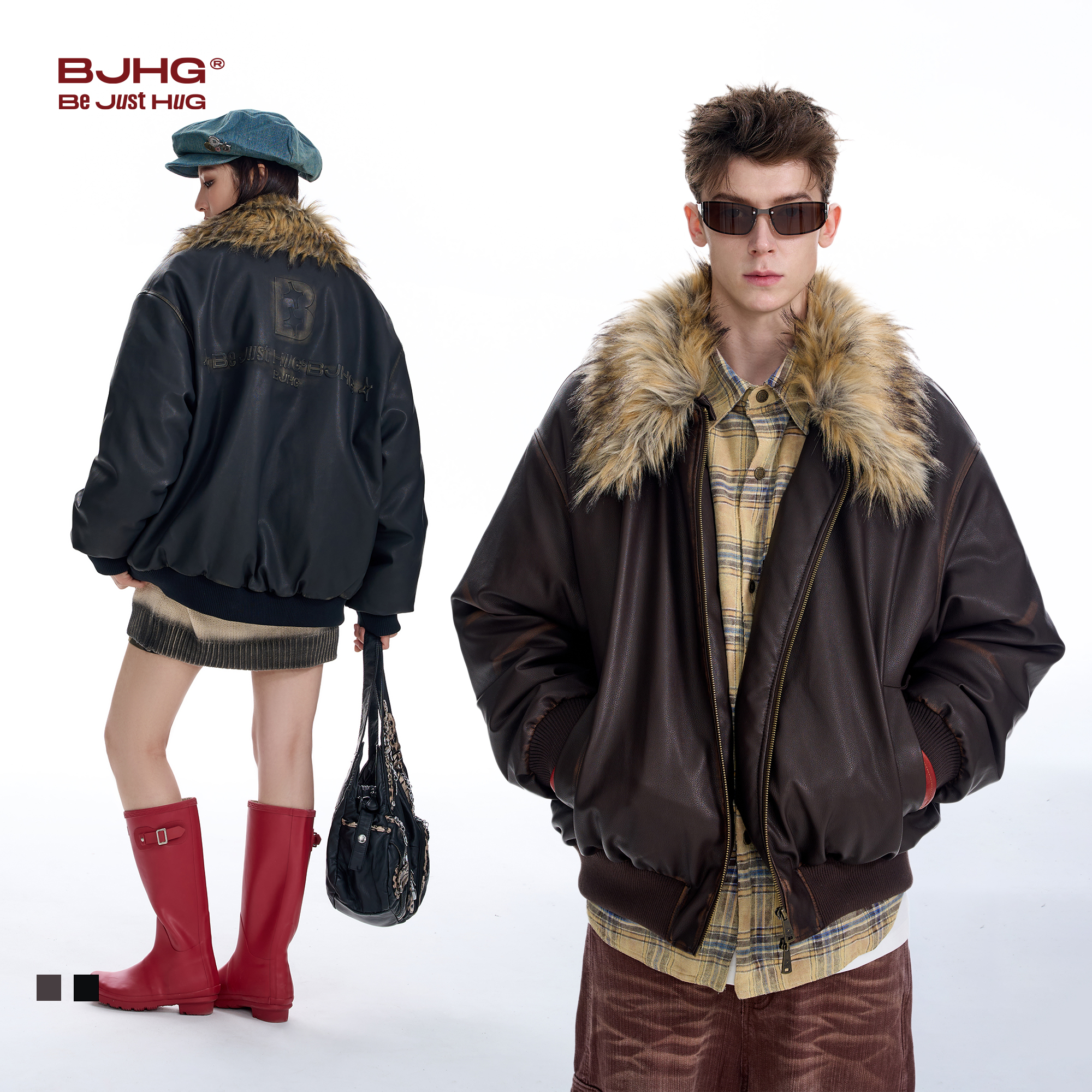 BJHG不计后果羽绒服男款冬季新款可拆卸毛领水洗做旧PU皮夹克外套