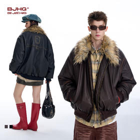 BJHG不计后果羽绒服男款冬季新款可拆卸毛领水洗做旧PU皮夹克外套