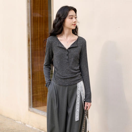 三彩2026春季新款假两件T恤蕾丝拼接长袖上衣修身短款显瘦S 商品图1